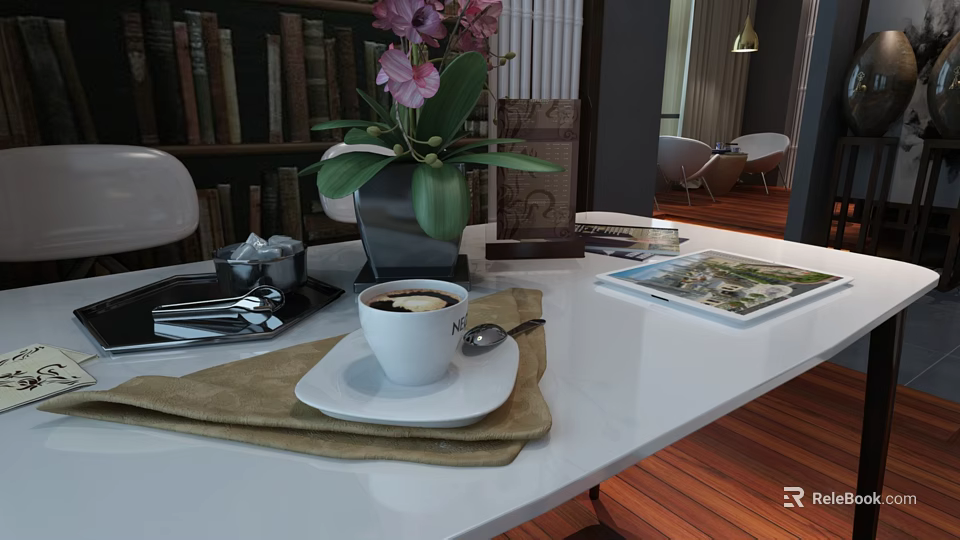 White Cup On Plate With Napkin Spoon Tablet And Magazine On White Table 3d model 