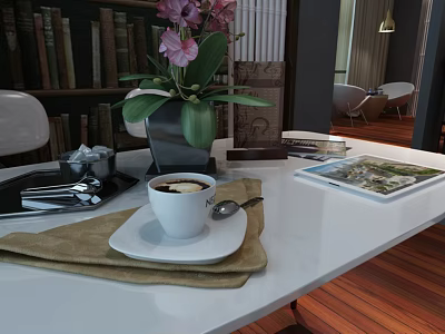 White Cup On Plate With Napkin Spoon Tablet And Magazine On White Table 3d model