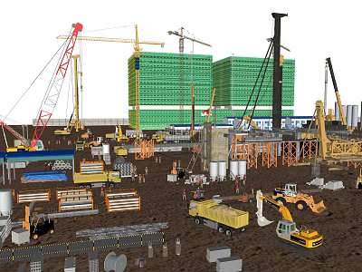 Active Construction Site With Tower Cranes Green Buildings And Heavy Equipment 3d model