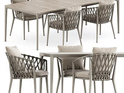 Modern Outdoor Table Set With Woven Chairs Cushioned Seats And Metal Frame 3d model