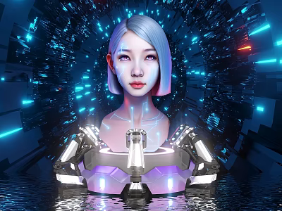 Futuristic Photo Spot With Female Figure Circular Structure Blue Purple Lights Device And Water Reflection 3d model