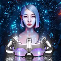 Futuristic Photo Spot With Female Figure Circular Structure Blue Purple Lights Device And Water Reflection