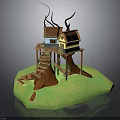 Whimsical Treehouse Scene With Wooden Staircase Elevated Platform Small Huts And Branch Supports