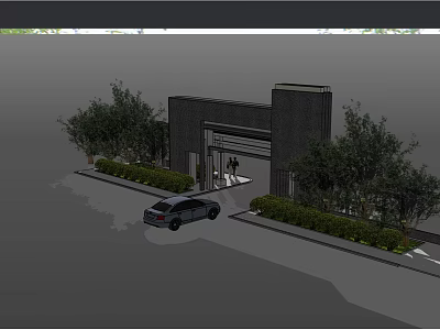 Modern Entrance Gate With Landscaped Bushes Car And People At Entrance 3d model
