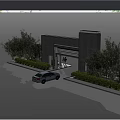 Modern Entrance Gate With Landscaped Bushes Car And People At Entrance