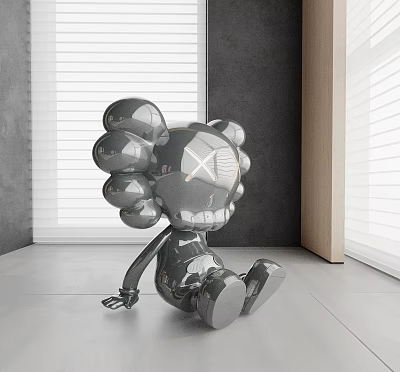 Metallic X Eyed Modern Doll In Minimalist Indoor Setting With Gray Wall And Blinds 3d model