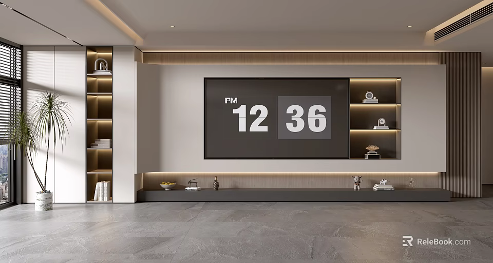 Minimalist Modern TV Background Wall With TV Screen Wooden Shelves And Ambient Lighting 3d model 