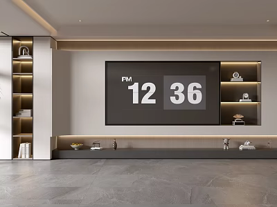 Minimalist Modern TV Background Wall With TV Screen Wooden Shelves And Ambient Lighting 3d model