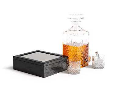 Elegant Transparent Glass Whiskey Decanter with Drinking Glasses and Black Box Set 3d model