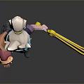 3D Chibi Cartoon Character With Blue Hair White Headdress Blue Purple Outfit And Yellow Weapon
