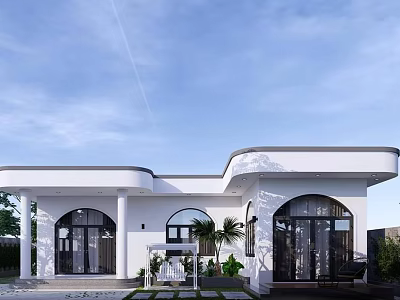Modern Detached Villa Exterior With Arched Windows Columns And Front Garden 3d model