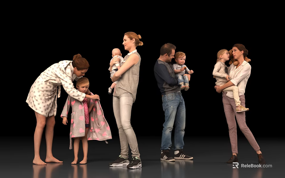 Group Of Adults And Children Interacting With Hugging Adjusting Clothes And Kissing Moments 3d model 