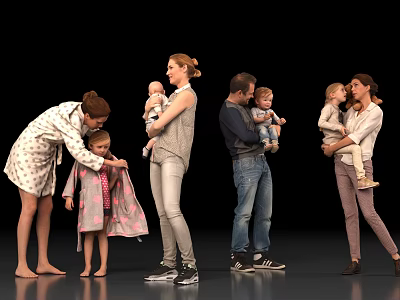 Group Of Adults And Children Interacting With Hugging Adjusting Clothes And Kissing Moments 3d model