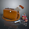Brown Leather Bag With Wooden Handle Knife Red Bottles Syringe And Metal Tools