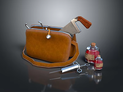 Brown Leather Bag With Wooden Handle Knife Red Bottles Syringe And Metal Tools 3d model