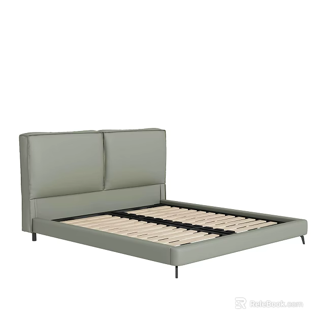 Modern Grey Leather Double Bed With Twin Panel Headboard Wooden Slats And Black Legs 3d model 