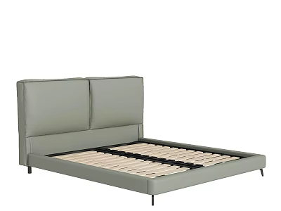 Modern Grey Leather Double Bed With Twin Panel Headboard Wooden Slats And Black Legs 3d model