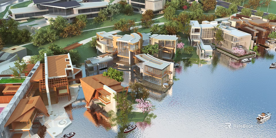 Aerial Planning Featuring Modern Waterfront Buildings Green Landscapes And Lake View 3d model 