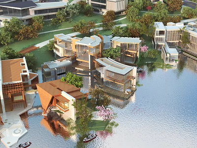 Aerial Planning Featuring Modern Waterfront Buildings Green Landscapes And Lake View 3d model