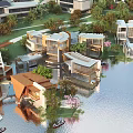 Aerial Planning Featuring Modern Waterfront Buildings Green Landscapes And Lake View