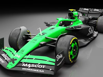 Green And Black Formula Racing Car With Mascot Workwear Logo And Large Tires 3d model