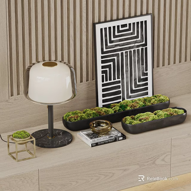 Modern Decorative Ornament Set With White Table Lamp Moss Plants Black Planters And Geometric Art 3d model 