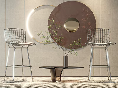 Modern Wire Mesh Leisure Chairs With High Legs Small Table Green Plants And Circular Mirror 3d model