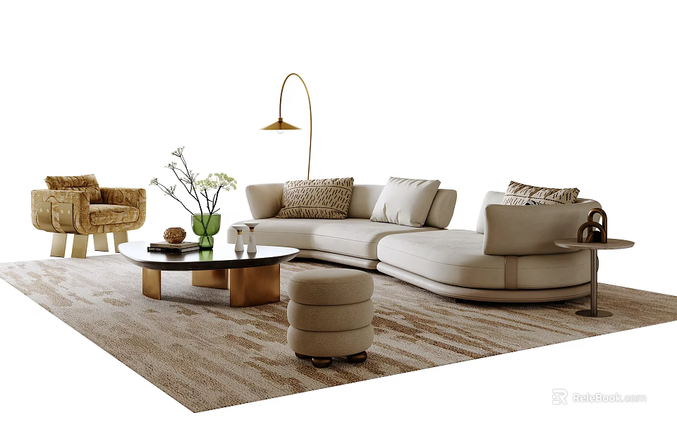 L Shaped Beige Sofa Coffee Table Set With Round Brass Legs Cushions And Floor Lamp 3d model 