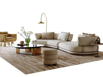 L Shaped Beige Sofa Coffee Table Set With Round Brass Legs Cushions And Floor Lamp 3d model