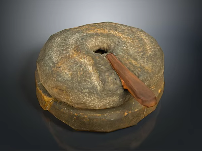 Rustic Traditional Stone Mill with Wooden Handle and Ancient Grinding Millstone 3d model
