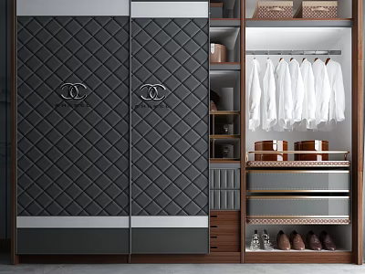 Modern Wardrobe With Diamond Quilted Leather Doors White Shirts Hanging Storage Boxes Drawers Shoes 3d model