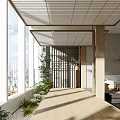 Modern Bright Office Walkway With Lush Green Plants Concrete Pillar And Panoramic City View Windows