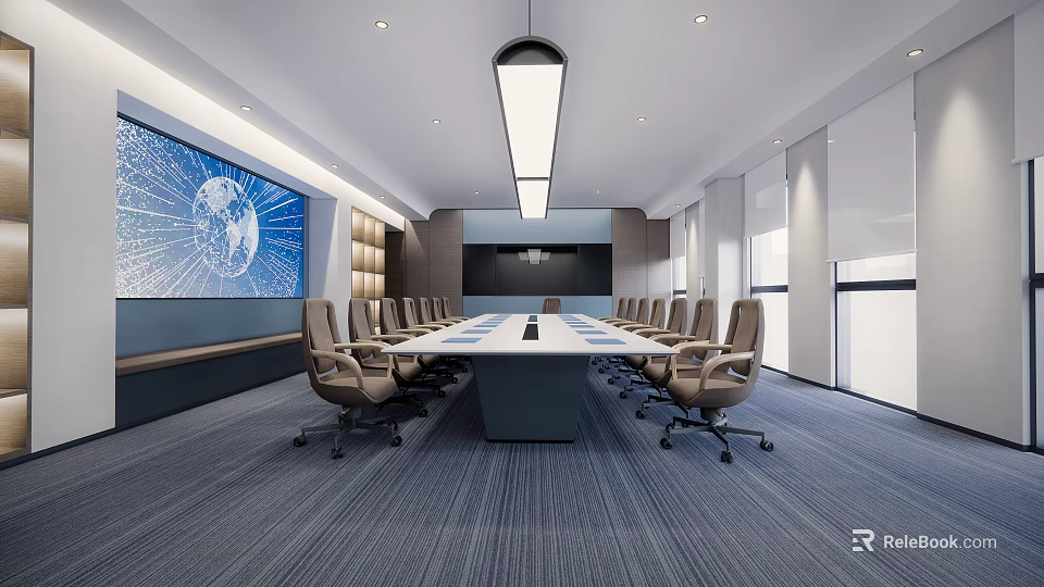 Modern Conference Room Interior With Large Screen Long Meeting Table Rolling Chairs And Hanging Lights 3d model 