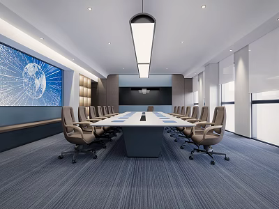 Modern Conference Room Interior With Large Screen Long Meeting Table Rolling Chairs And Hanging Lights 3d model