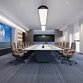 Modern Conference Room Interior With Large Screen Long Meeting Table Rolling Chairs And Hanging Lights