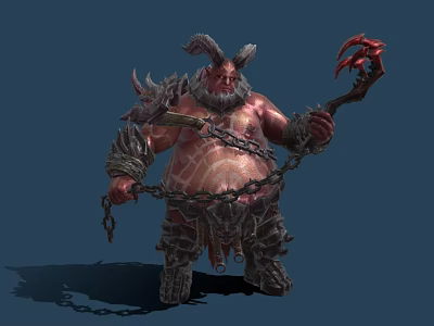 Horned Mythical Monster With Muscular Build Chain Armor And Clawed Weapon Design 3d model