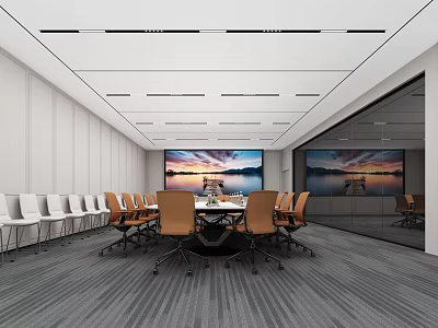 Modern Conference Room Interior With Round Table Comfortable Chairs And Large Screen 3d model