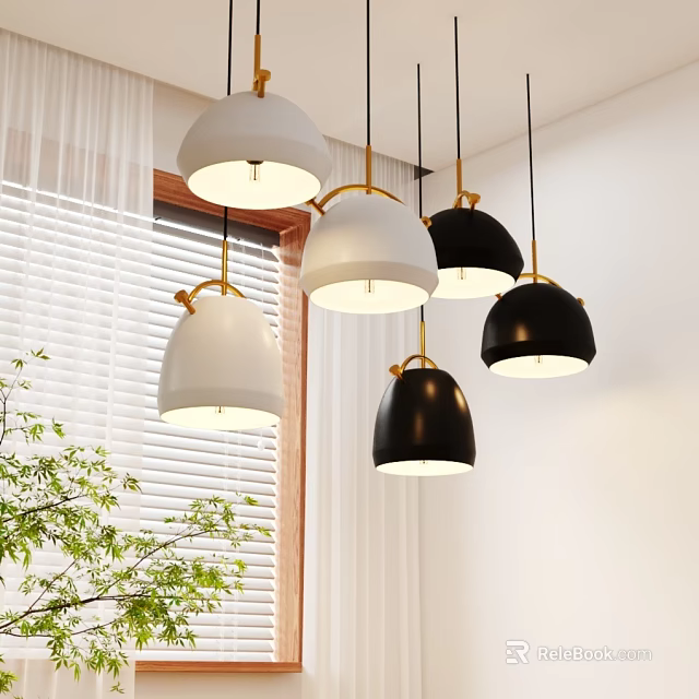 Modern Black And White Pendant Lights With Golden Hooks Near White Blinds And Green Plant 3d model 