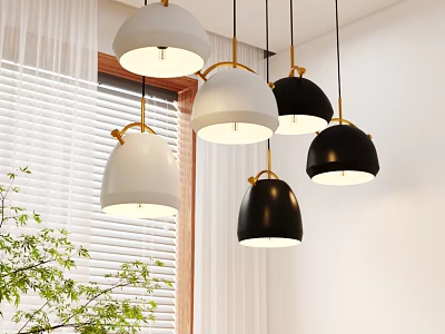 Modern Black And White Pendant Lights With Golden Hooks Near White Blinds And Green Plant 3d model