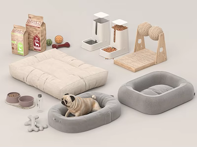 Essential Comfortable Pet Living Supplies Including Beds Food Bags Bowls And Toys 3d model