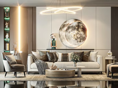Modern Living Room Sofa And Coffee Table Set With Pillows Moon Decor And Hanging Lights 3d model
