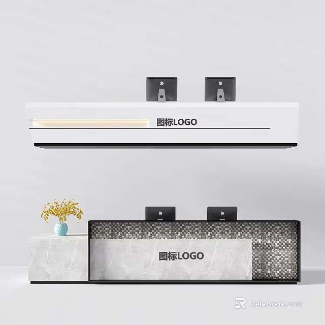 Modern Reception Desks With White Surface Black Screens Logo And Diamond Pattern 3d model