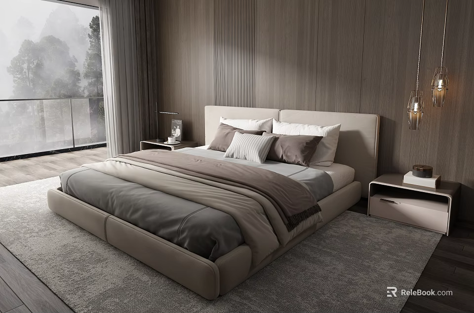Modern Bedroom Interior With Large Bed Wooden Walls Floor To Ceiling Window And Gray Rug 3d model 