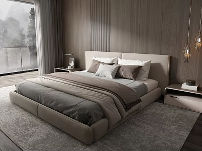 Modern Bedroom Interior With Large Bed Wooden Walls Floor To Ceiling Window And Gray Rug 3d model