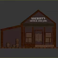 Sheriff's Office Building Featuring Gray Shingle Roof Brown Walls Red Brick Porch And Wooden Barrels