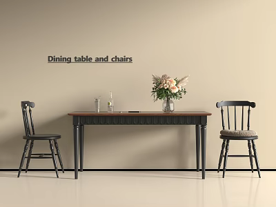 Wooden Dining Table Set With Black Chairs Flower Vase And Glasses On Table 3d model