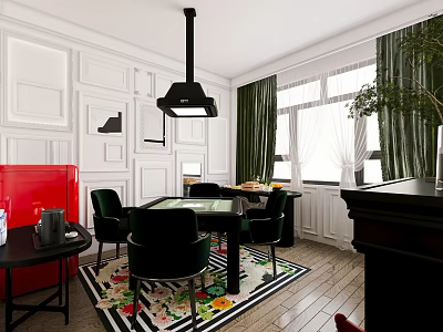 Stylish Dining Room Interior With Green Chairs Black Table Colorful Rug White Walls Pendant Light 3d model