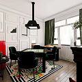 Stylish Dining Room Interior With Green Chairs Black Table Colorful Rug White Walls Pendant Light