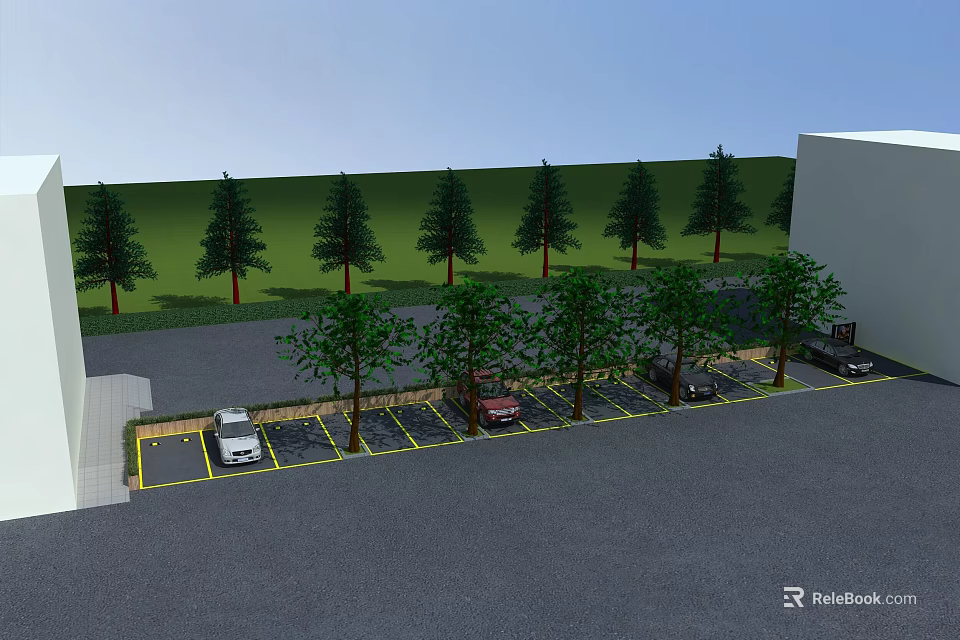 Well Organized Parking Lot With Lined Spaces Trees And Parked Cars Near White Building 3d model 