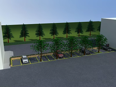 Well Organized Parking Lot With Lined Spaces Trees And Parked Cars Near White Building 3d model